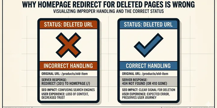 Editorial hero image for the core concept of this post. Why you should not redirect deleted pages to home