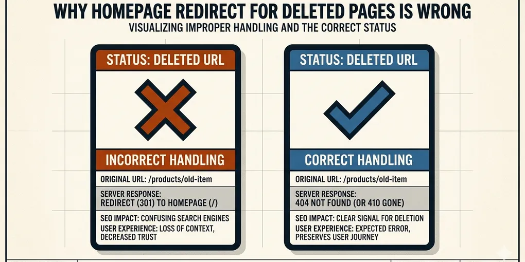 Editorial hero image for the core concept of this post. Why you should not redirect deleted pages to home