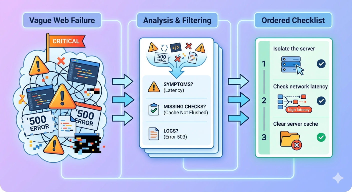 An inline troubleshooting visual that groups symptoms, missing checks, asset paths, and redirect verification into one ordered response flow.