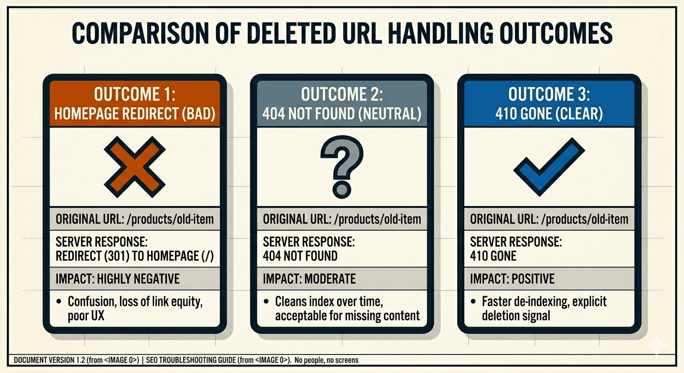 Comparison of homepage redirect vs proper 404 and 410 status handling