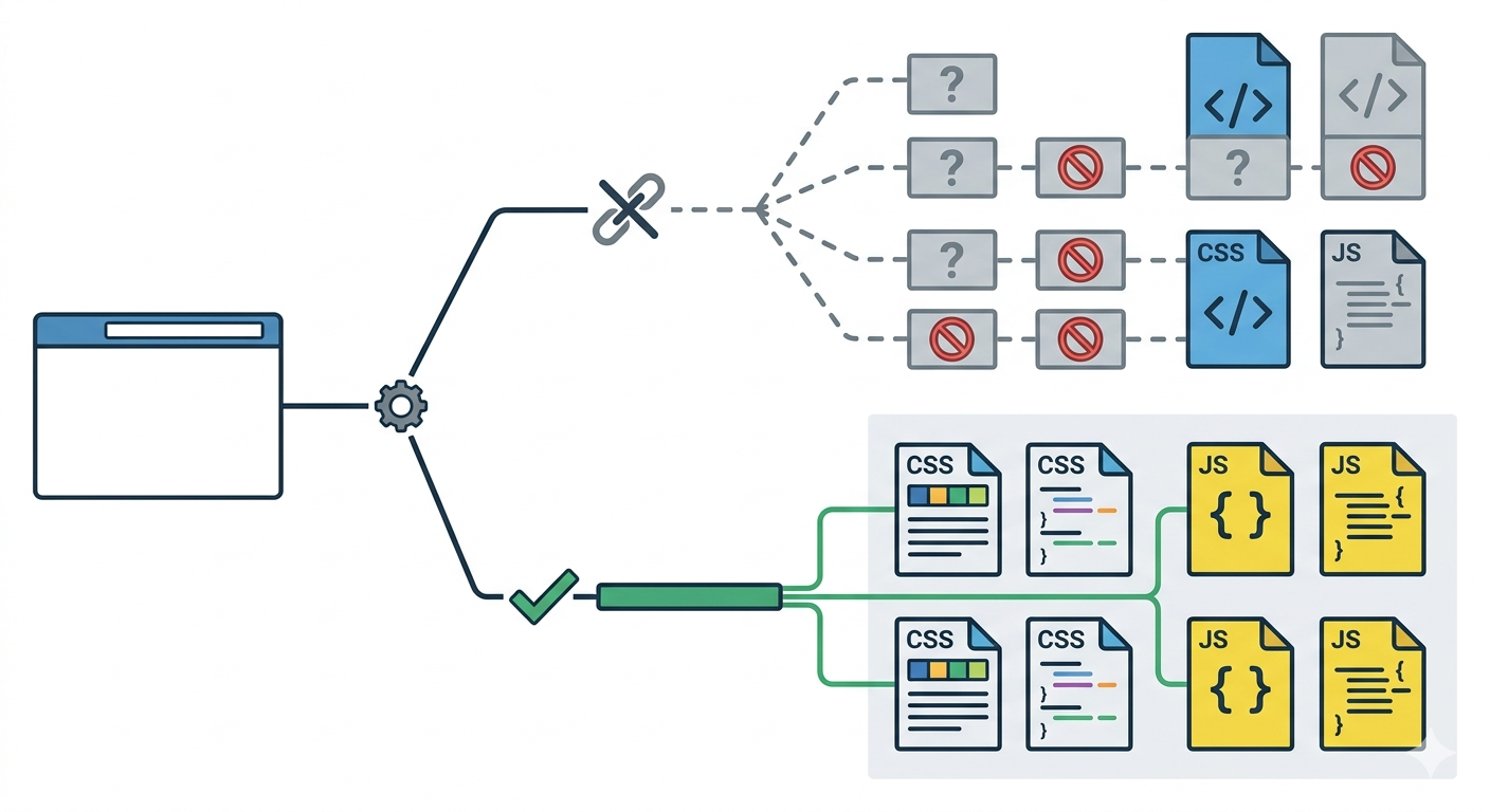 A route structure showing one requested page, the base path branch, and the difference between wrong asset routing and correct asset routing.