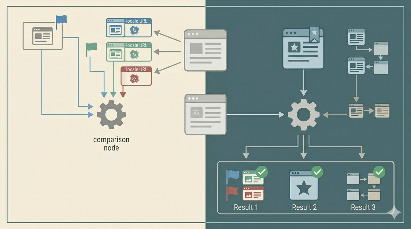 A route diagram showing locale-specific page URLs, a canonical target, and redirect branches being compared side by side.